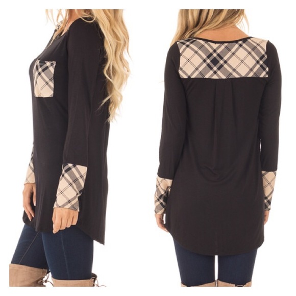 Last one!! Black Long Sleeve Top with plaid Detail - Picture 3 of 6